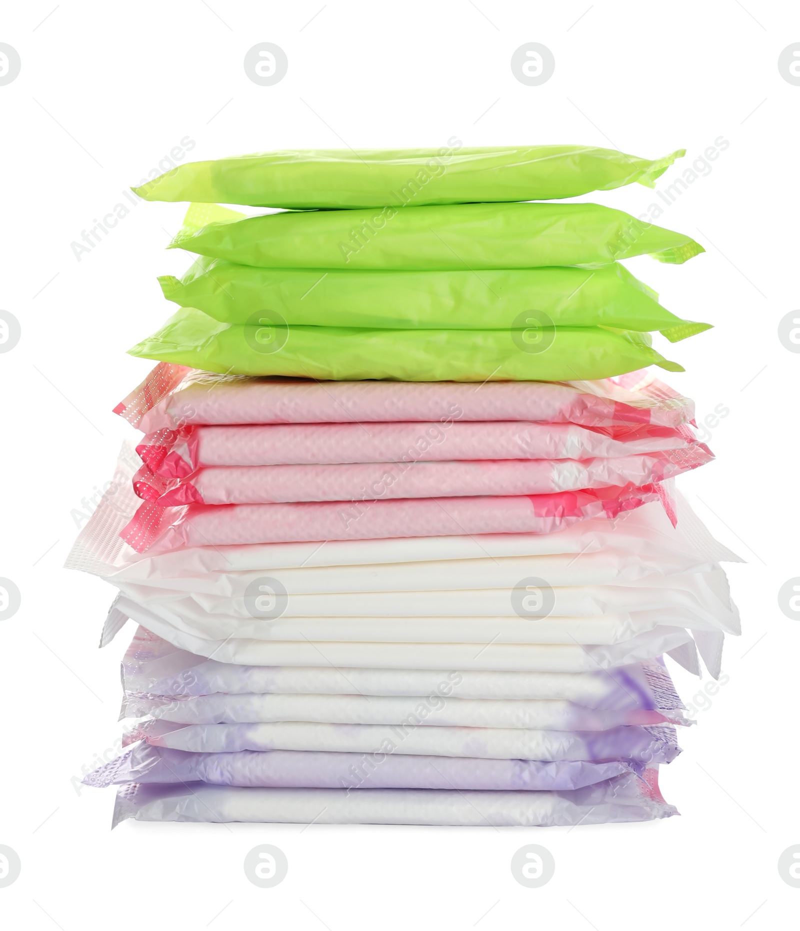 Photo of Stack of menstrual pads on white background. Gynecological care