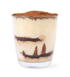 Photo of Delicious tiramisu cake in glass isolated on white