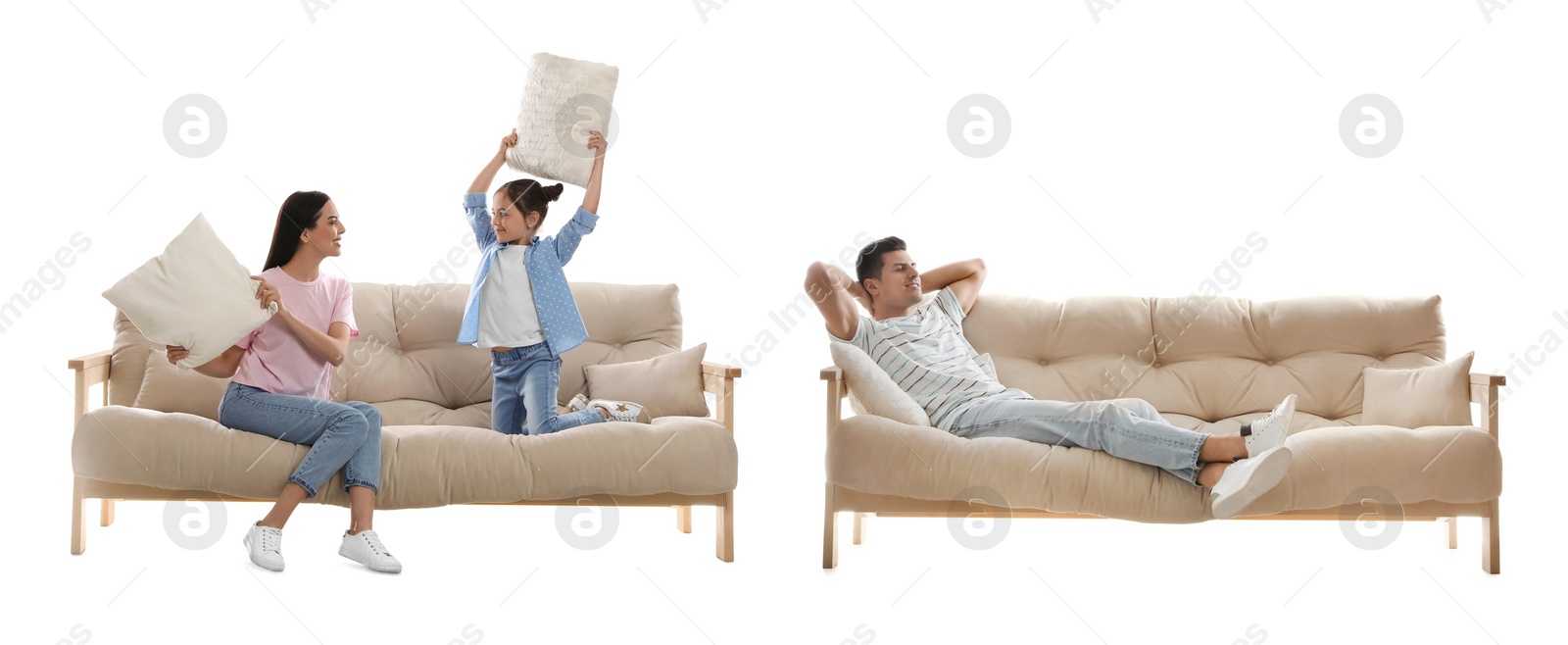 Image of People resting on different stylish sofas against white background, collage. Banner design