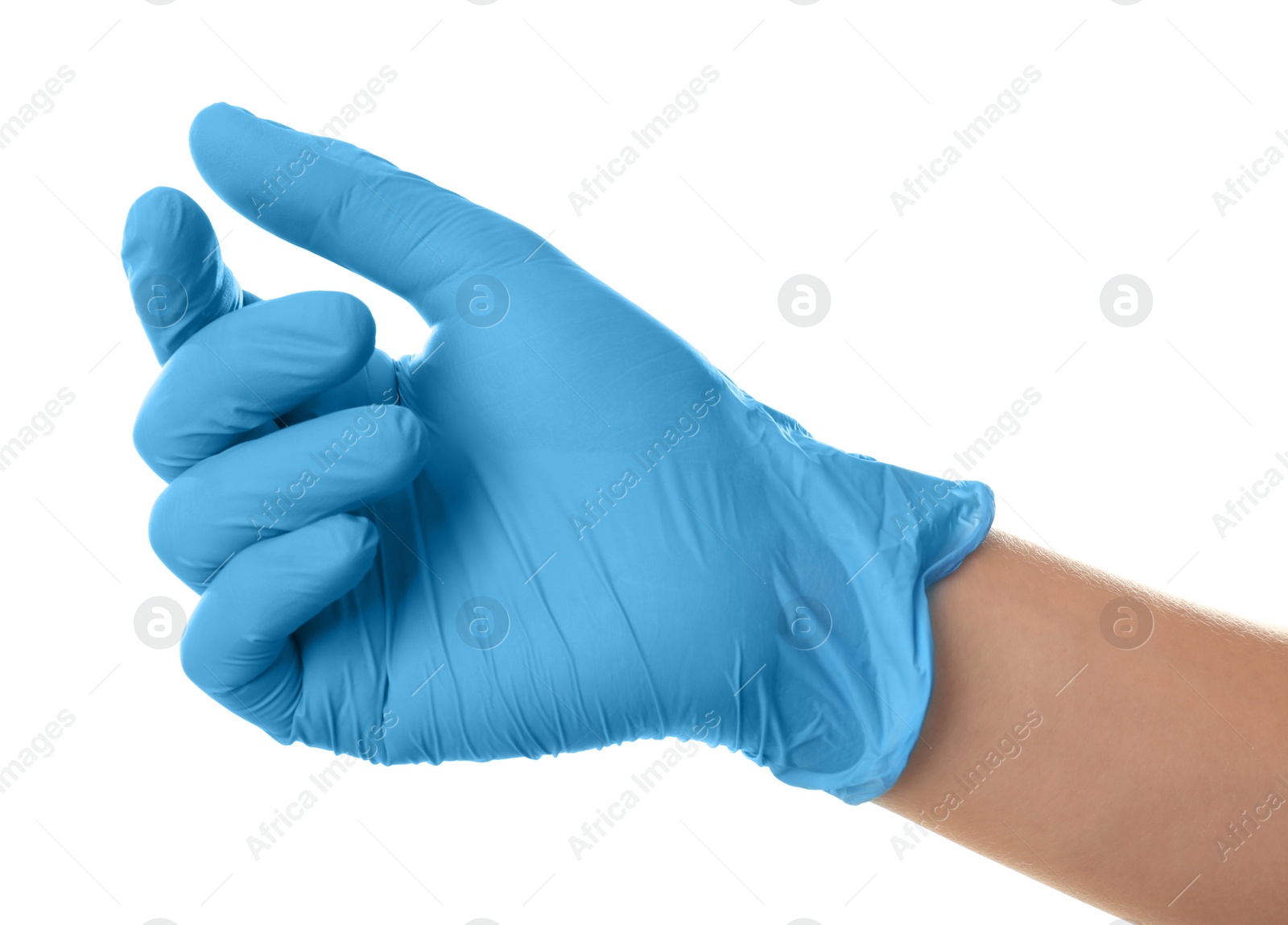 Photo of Person in blue latex gloves holding something against white background, closeup on hand