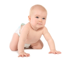 Cute little baby crawling on white background