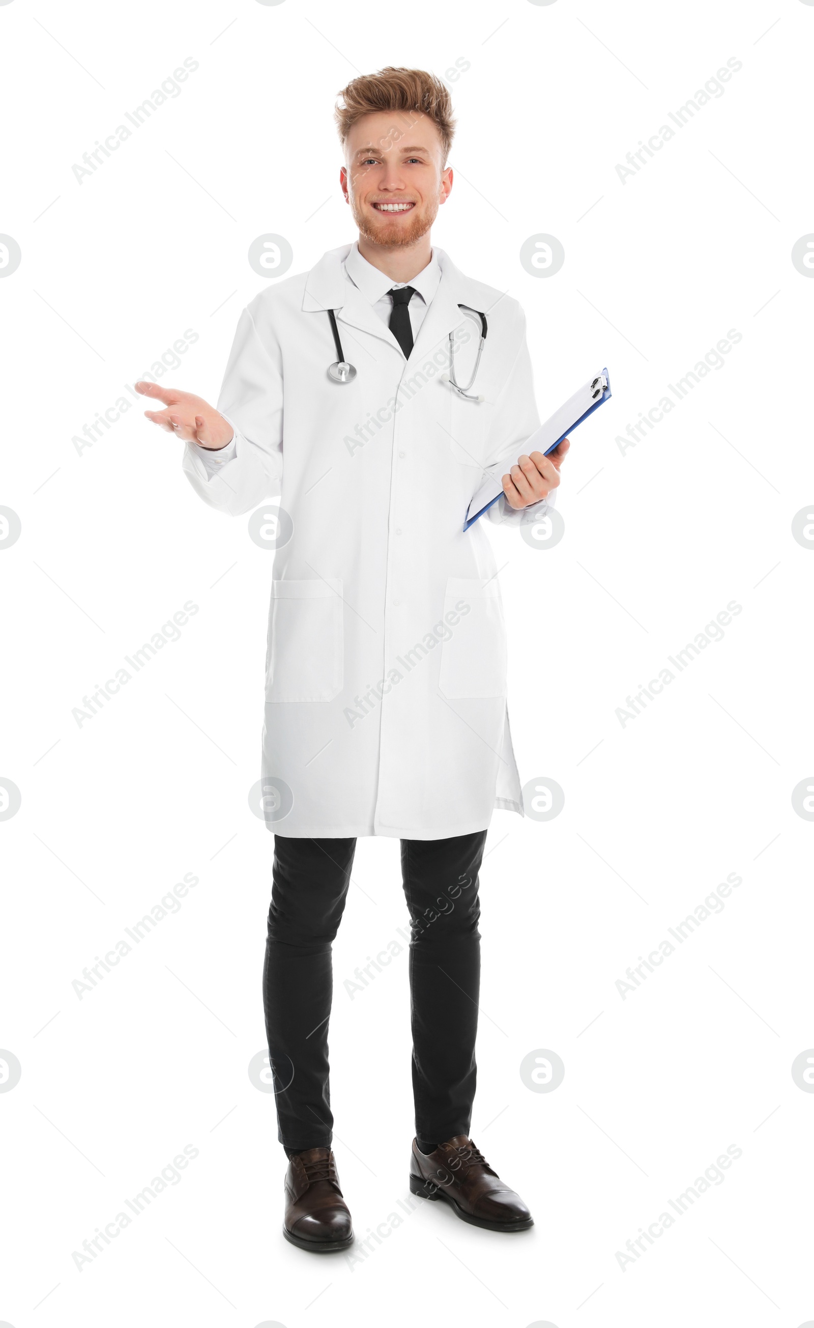 Photo of Full length portrait of medical doctor with clipboard and stethoscope isolated on white