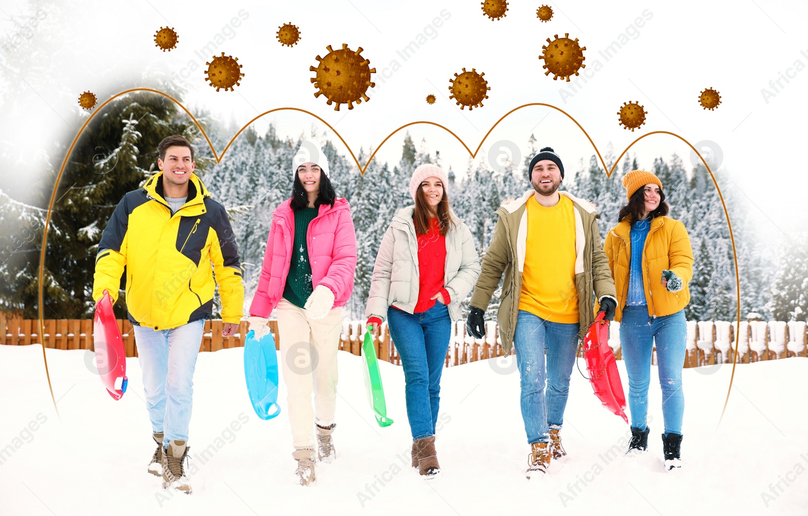 Image of Stronger immunity - better disease resistance. Group of friends surrounded by viruses outdoors