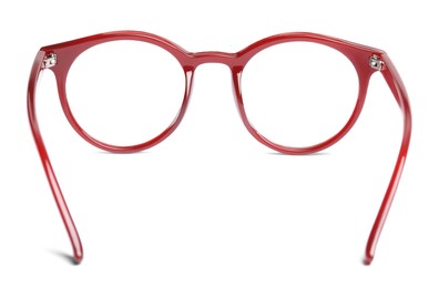Stylish glasses with red frame isolated on white