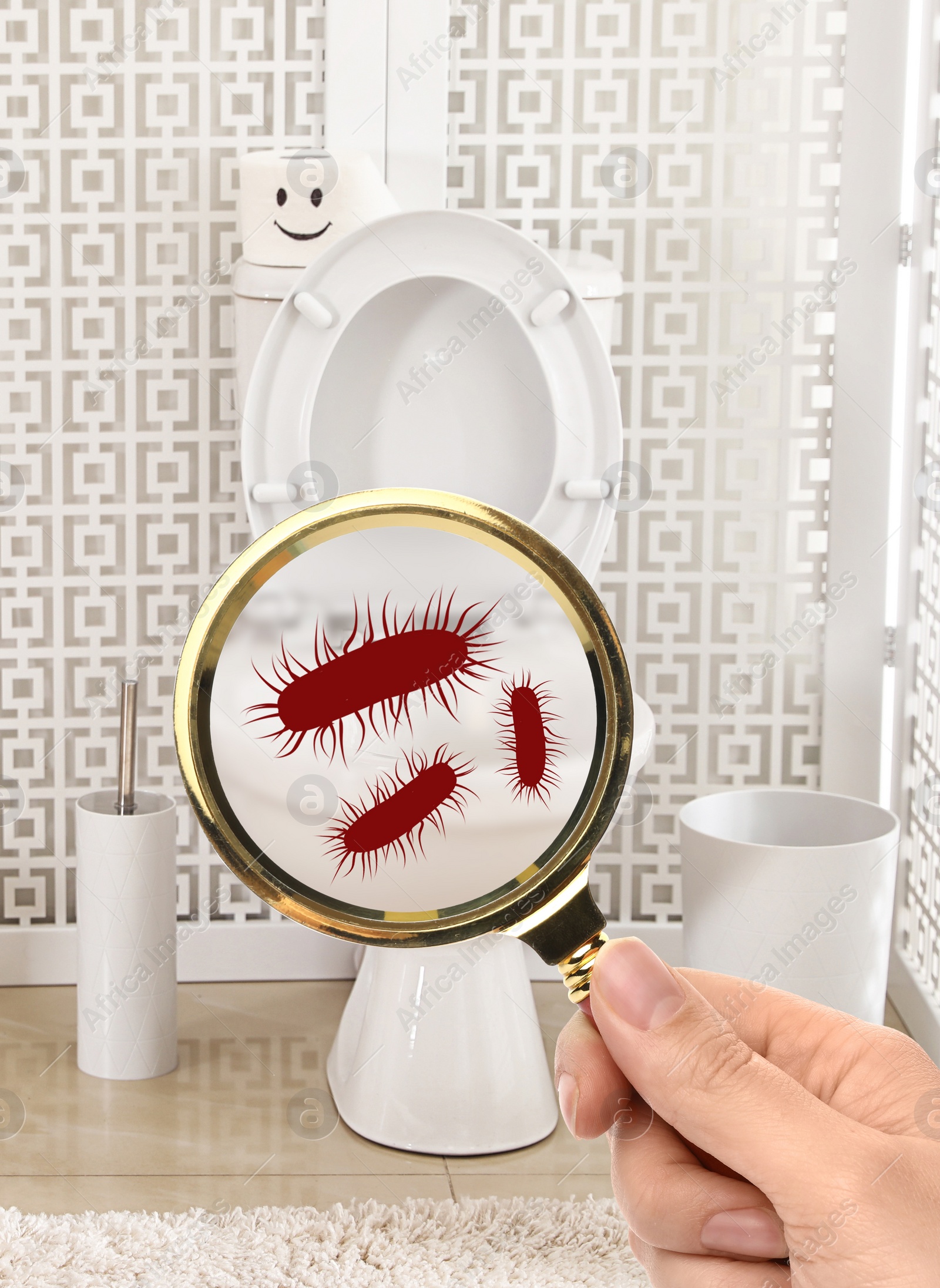 Image of Woman with magnifying glass detecting microbes on toilet bowl in bathroom, closeup  