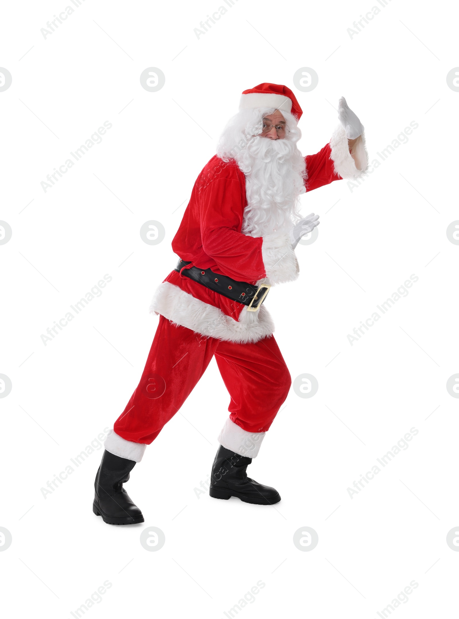 Photo of Man in Santa Claus costume posing on white background