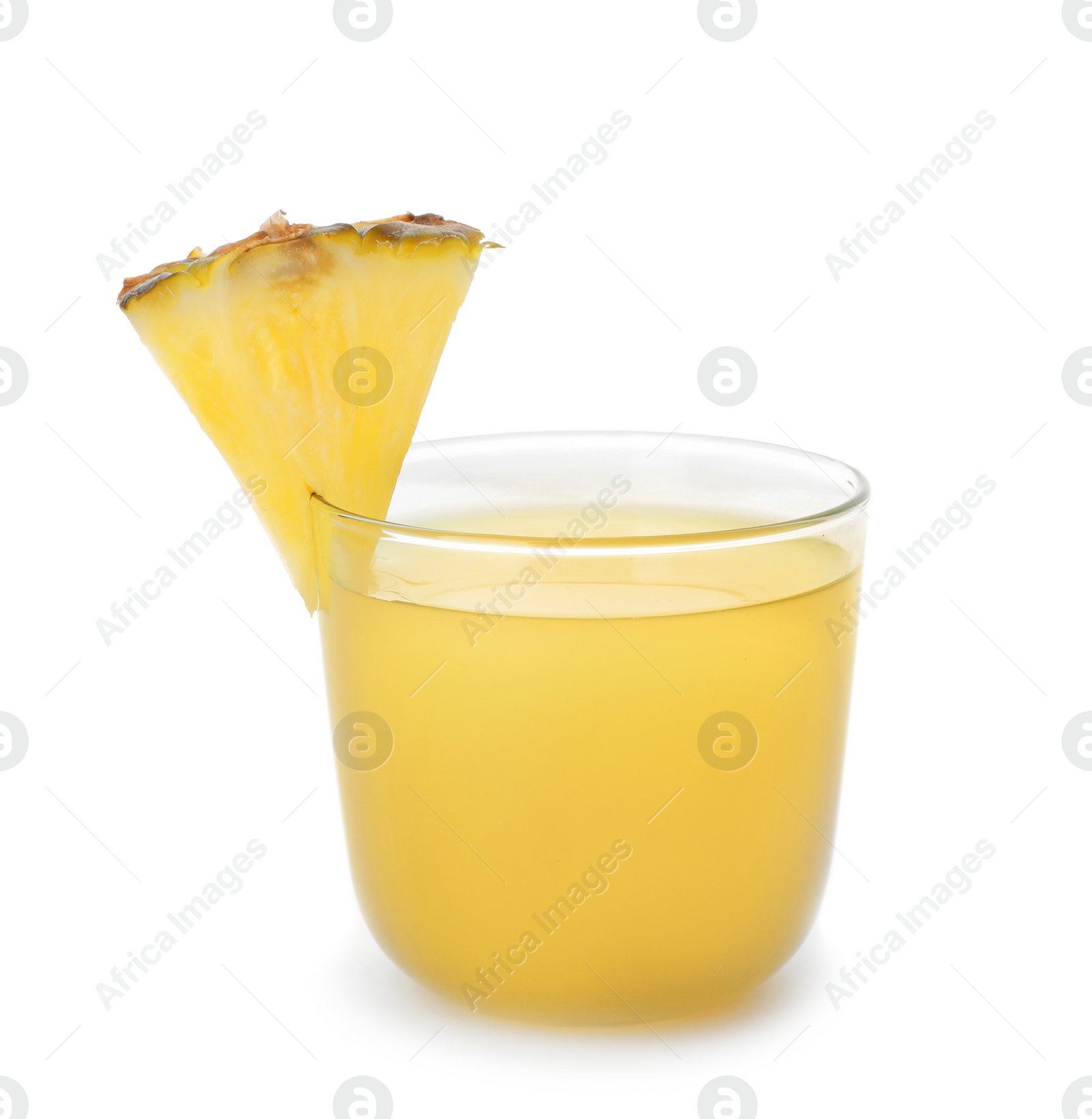 Photo of Glass with delicious pineapple juice on white background