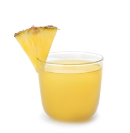 Photo of Glass with delicious pineapple juice on white background