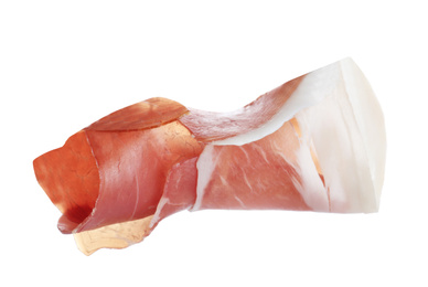 Photo of Roll of tasty prosciutto isolated on white