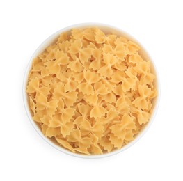 Photo of Raw farfalle pasta in bowl isolated on white, top view