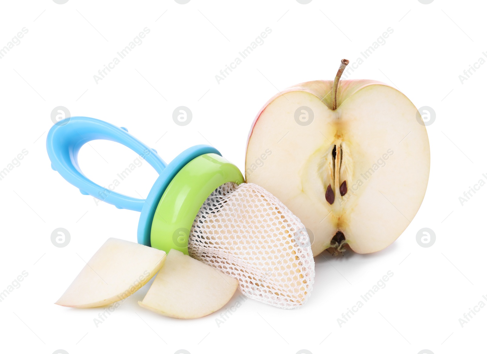 Photo of Nibbler with fresh apple on white background. Baby feeder