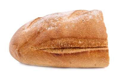 Photo of Cut loaf of fresh bread on white background