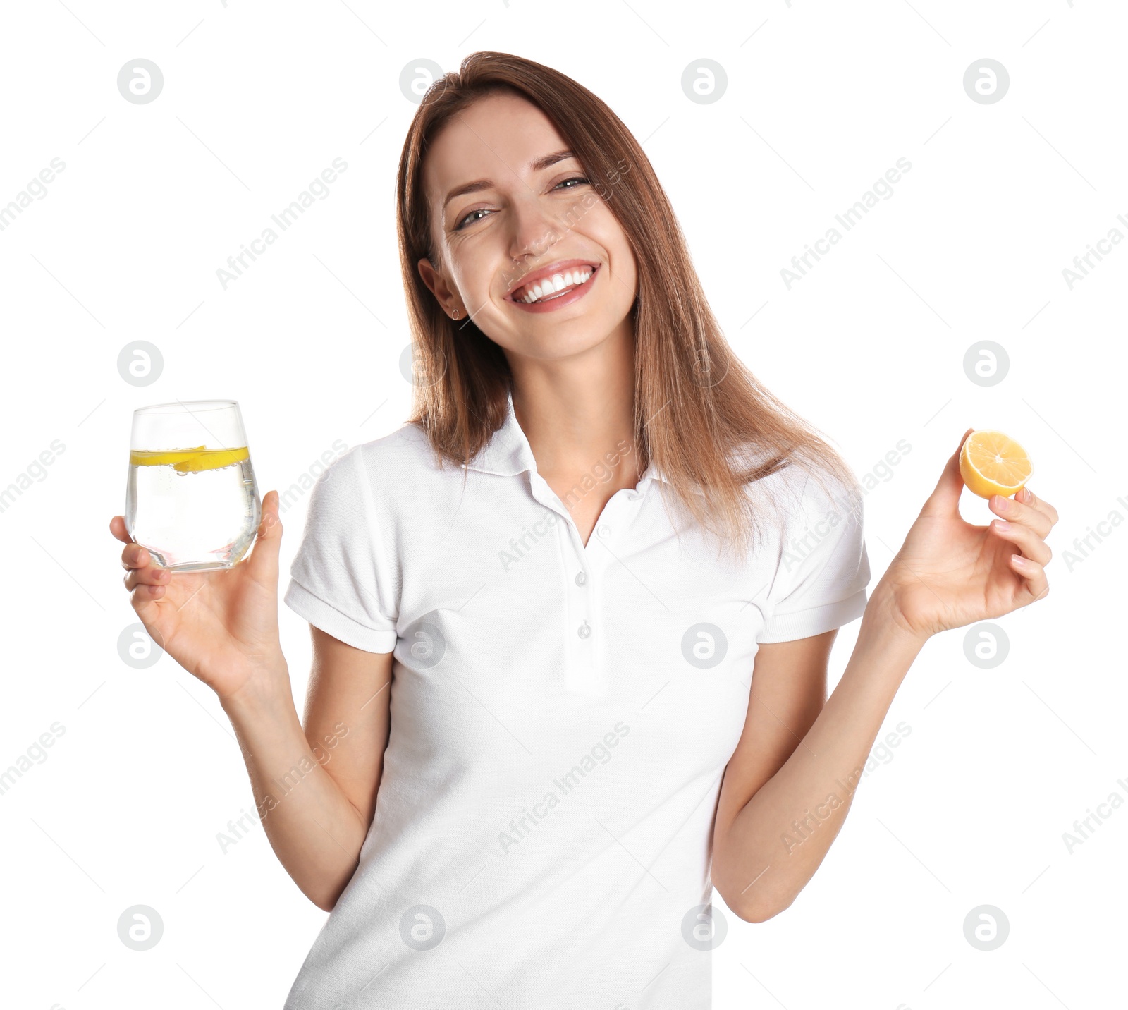 Photo of Young woman with glass of lemon water on white background