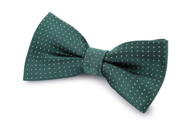 Photo of Stylish green bow tie with polka dot pattern on white background