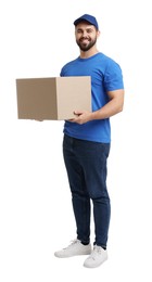 Photo of Happy courier with parcel on white background