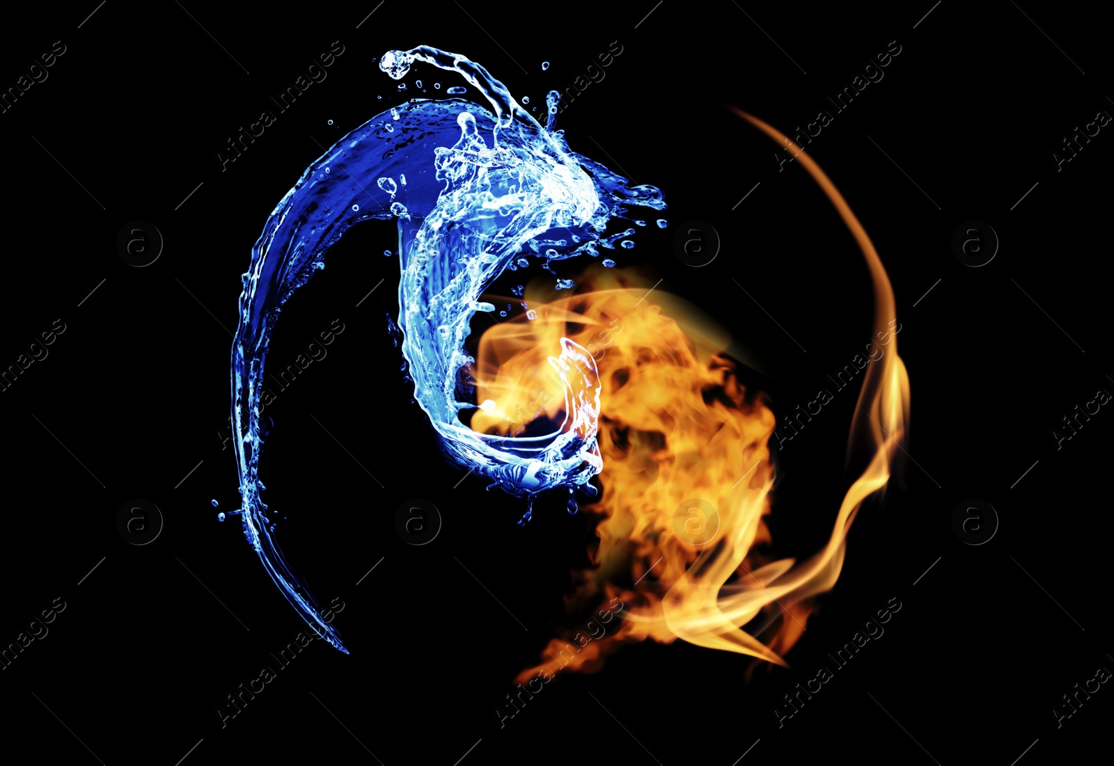 Image of Fire flames and water splashes resembling Yin Yang symbol on black background. Feng Shui philosophy