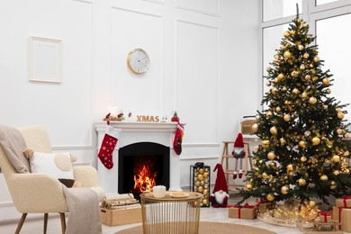 Photo of Living room interior with beautiful Christmas tree and festive decor