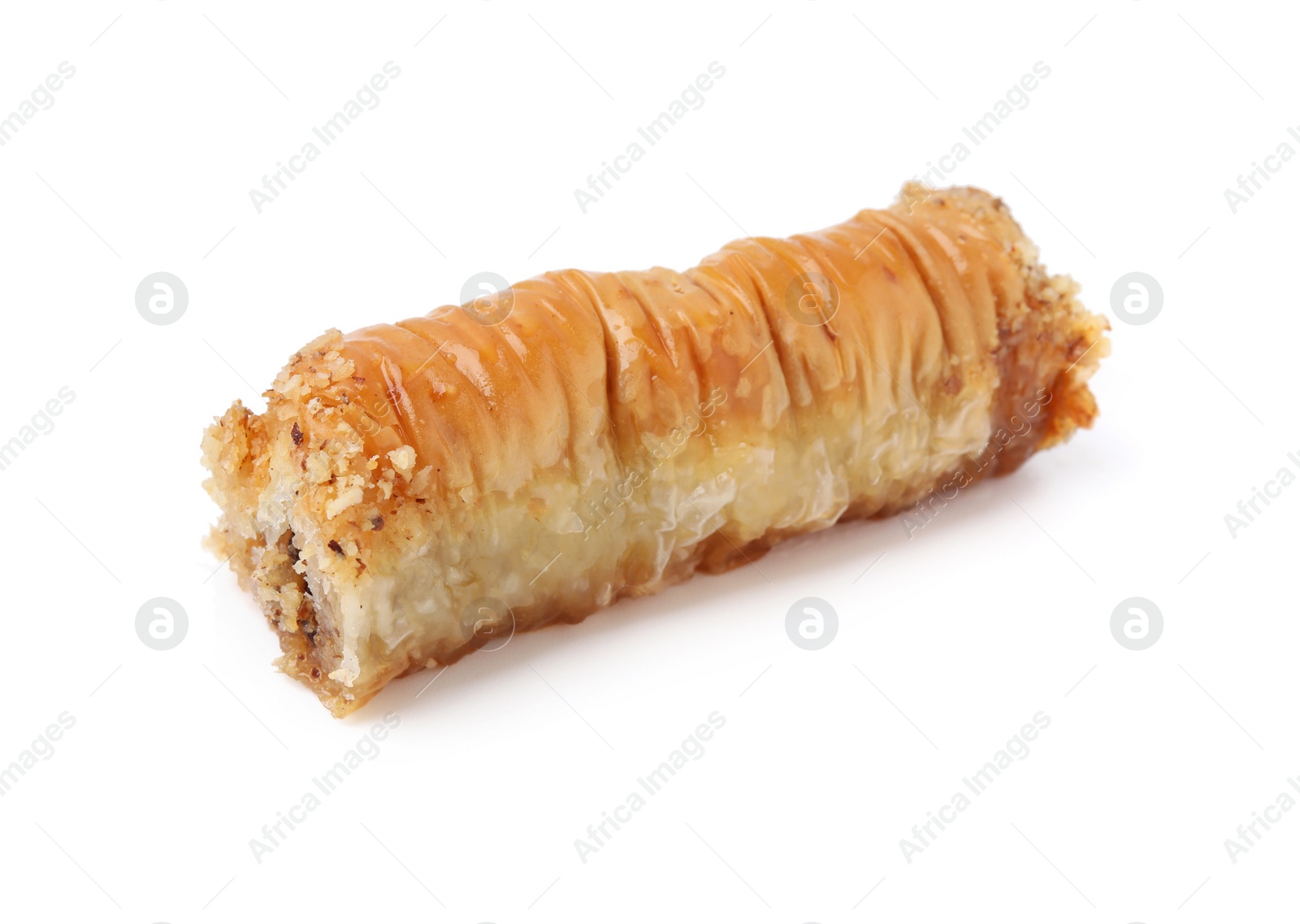 Photo of Eastern sweets. Piece of tasty baklava isolated on white