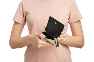 Woman with empty wallet on white background, closeup