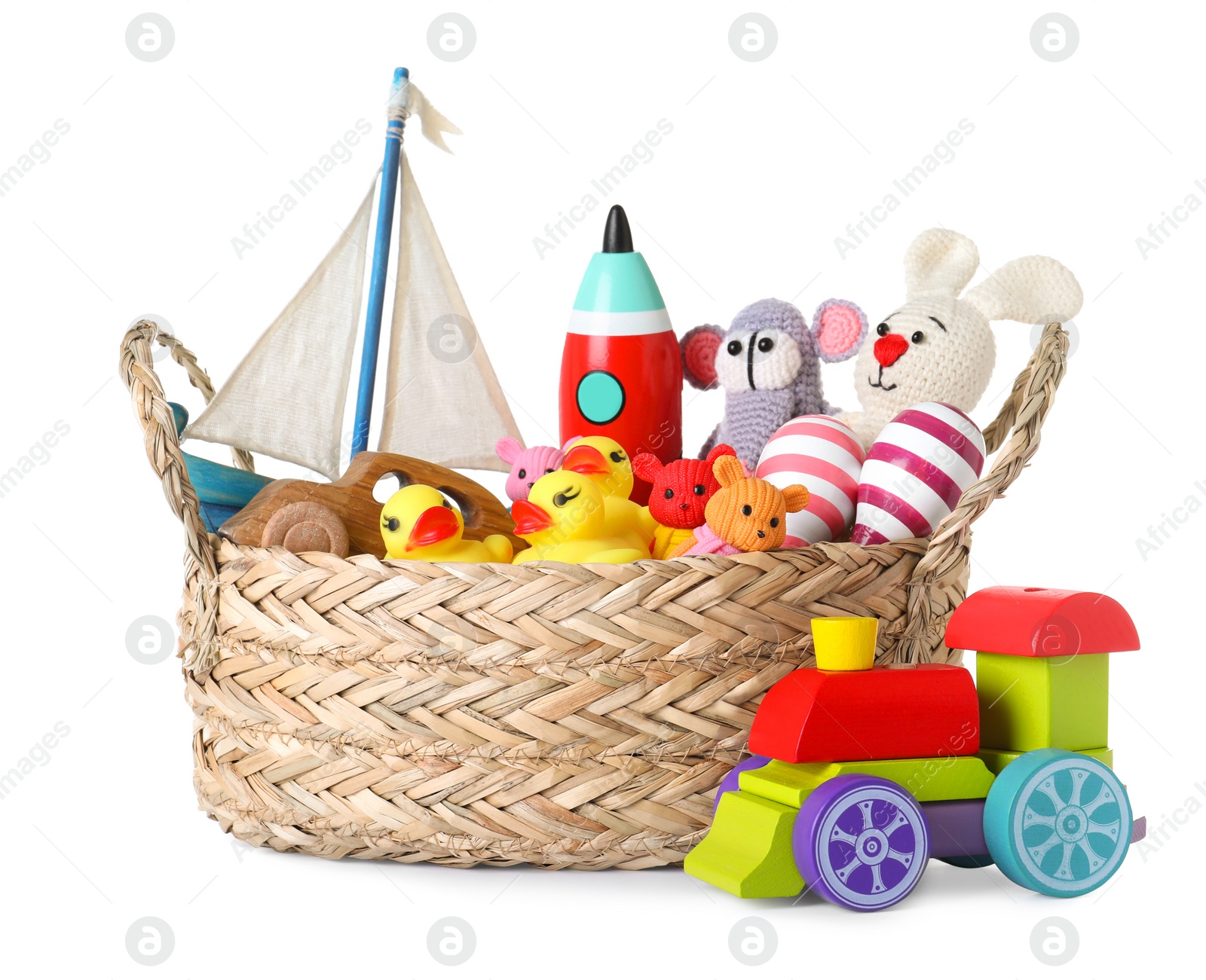 Photo of Set of different toys on white background