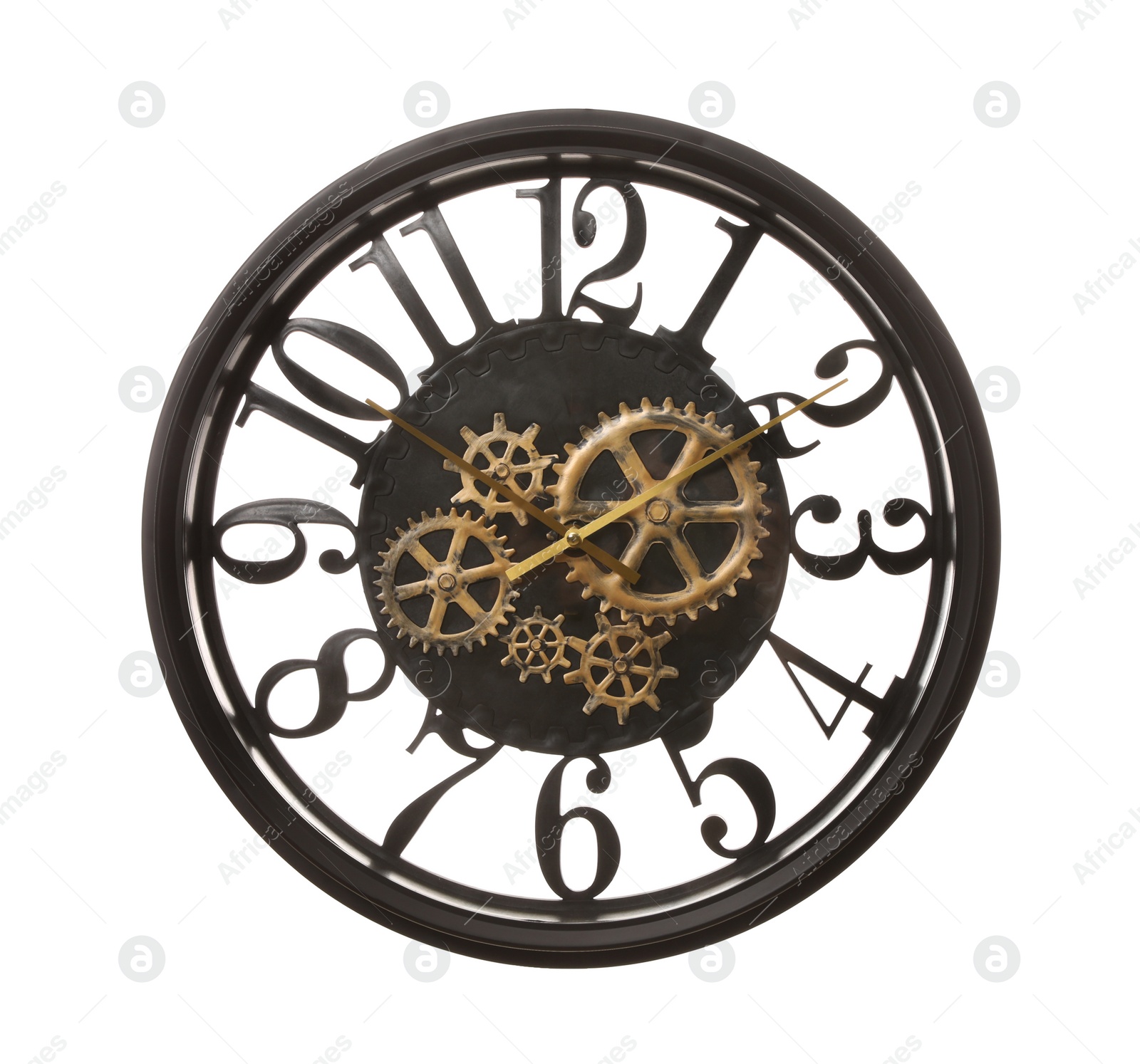 Photo of Stylish wall clock with gears isolated on white