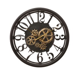 Photo of Stylish wall clock with gears isolated on white