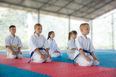 Photo of Children in kimono sitting on tatami outdoors. Karate practice
