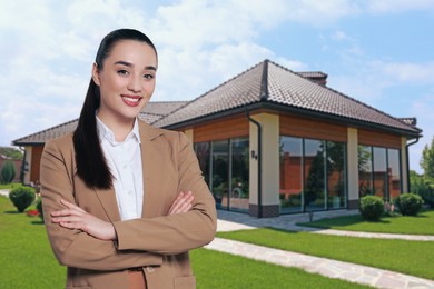 Image of Smiling real estate agent near beautiful house outdoors. Space for text