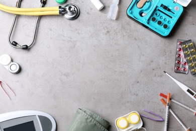 Photo of Flat lay composition with medical objects and space for text on grey background