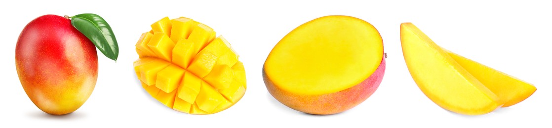 Image of Mango fruits cut in different ways and one whole isolated on white