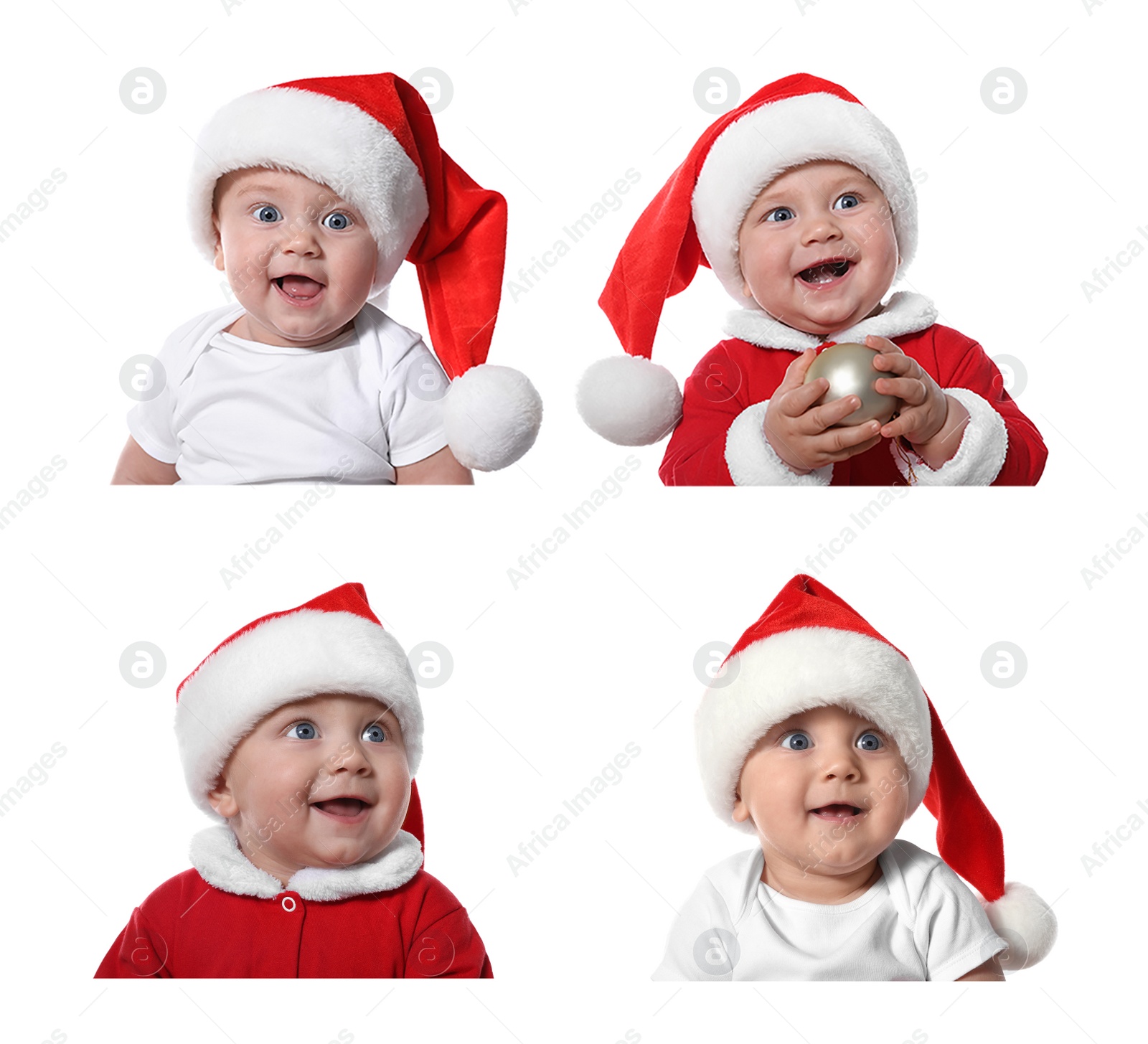 Image of Collage with photos of cute baby on white background. First Christmas 