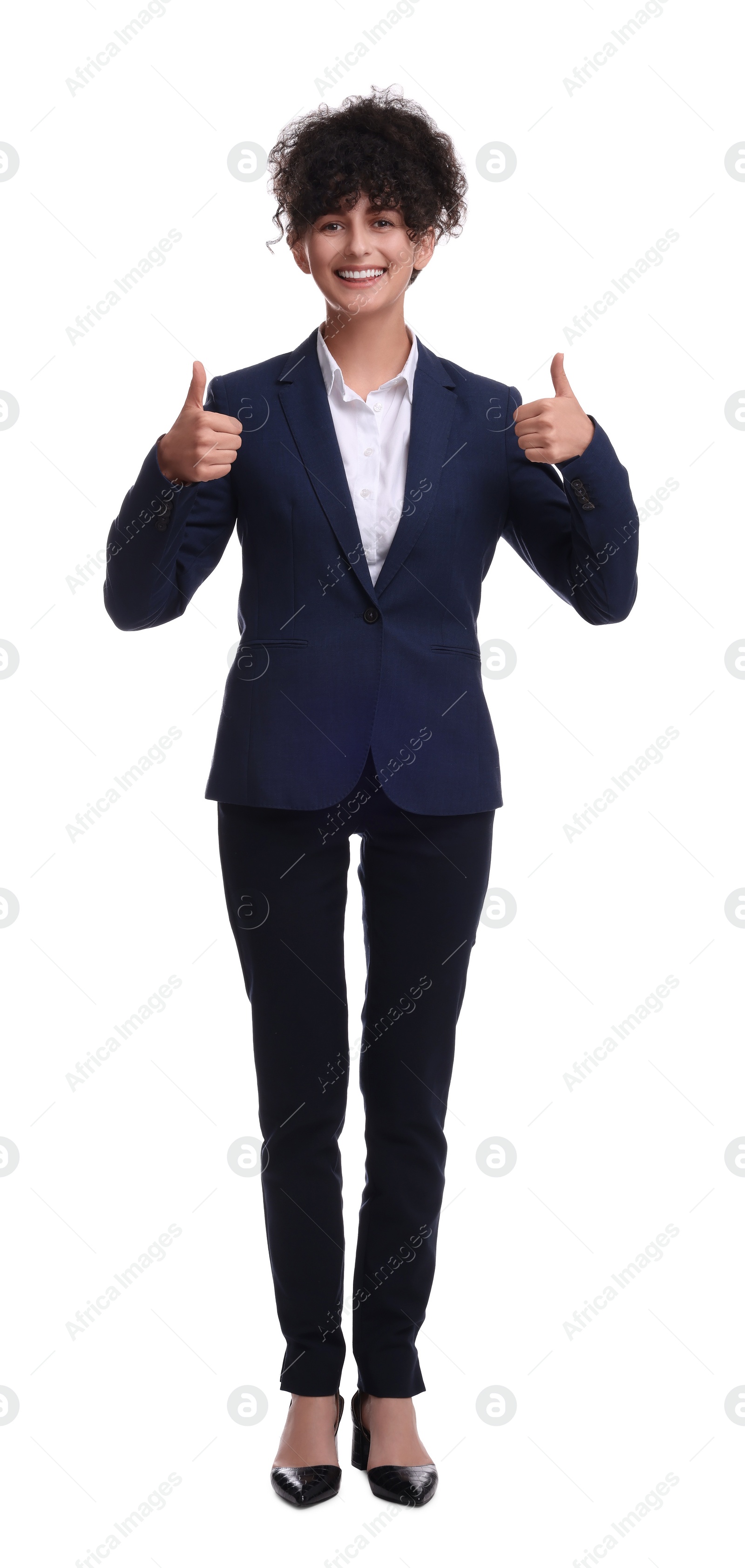 Photo of Beautiful businesswoman in suit showing thumbs up on white background