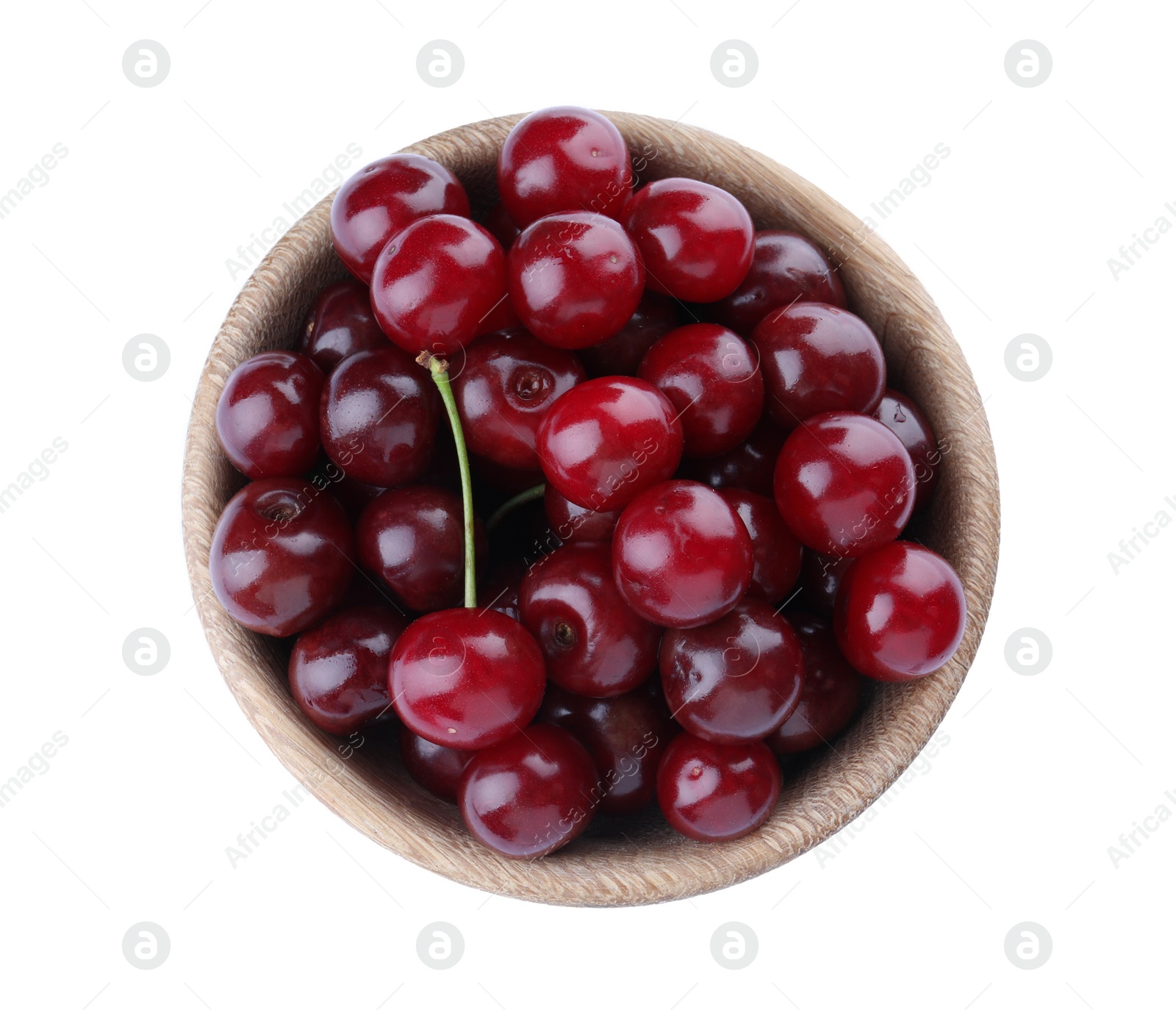 Photo of Sweet juicy cherries in bowl isolated on white, top view