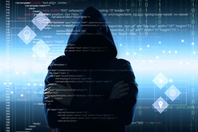 Image of Man in hood and digital code on dark background. Cyber attack concept