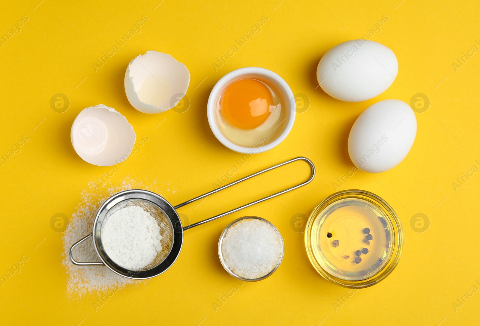 Photo of Flat lay composition with chicken eggs on yellow background