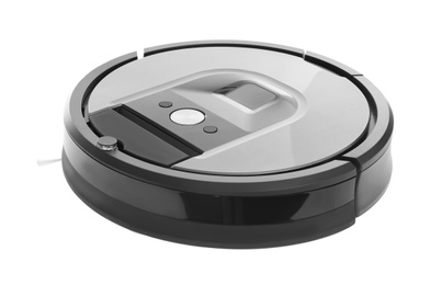 Modern robotic vacuum cleaner isolated on white