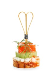 Photo of Tasty canape with salmon, cucumber, bread and cream cheese isolated on white