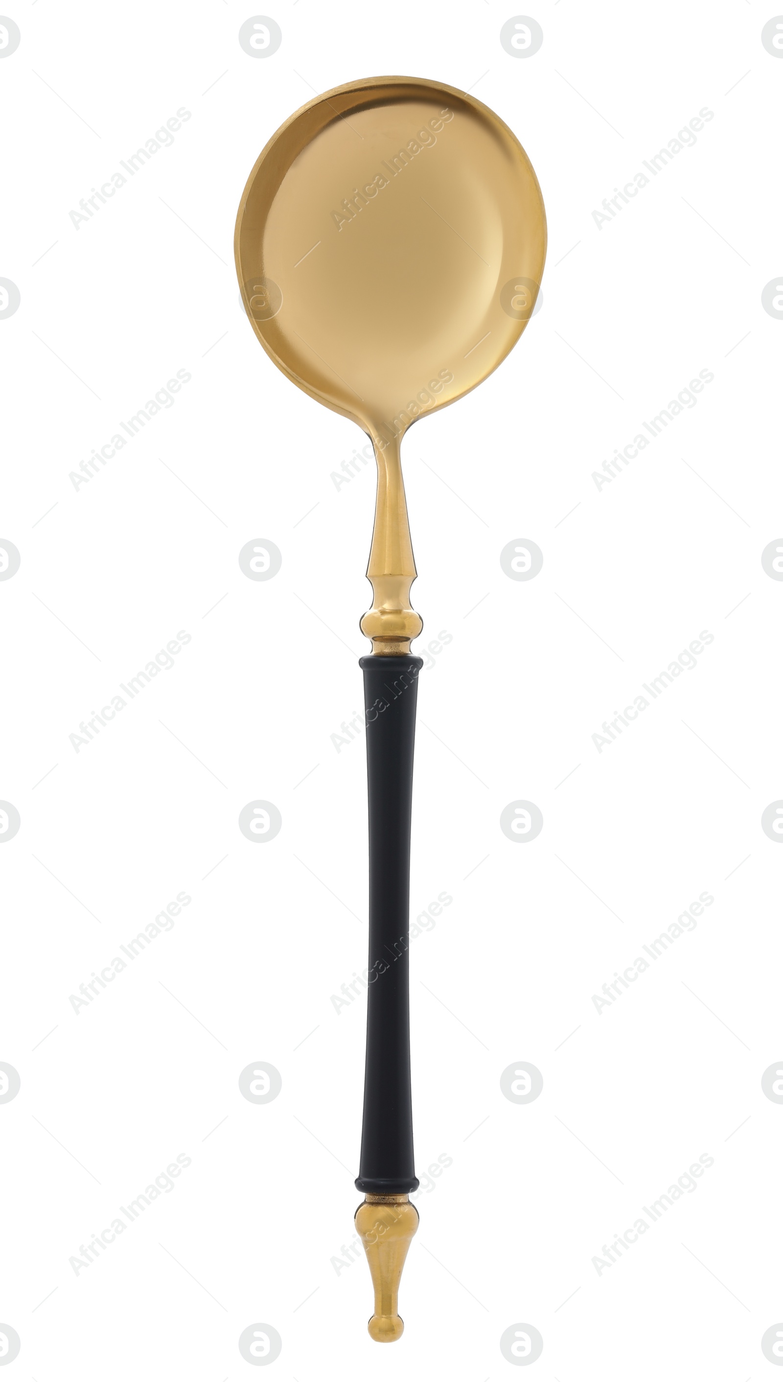 Photo of New shiny spoon isolated on white, top view