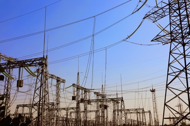 Modern electrical substation on sunny day, low angle view