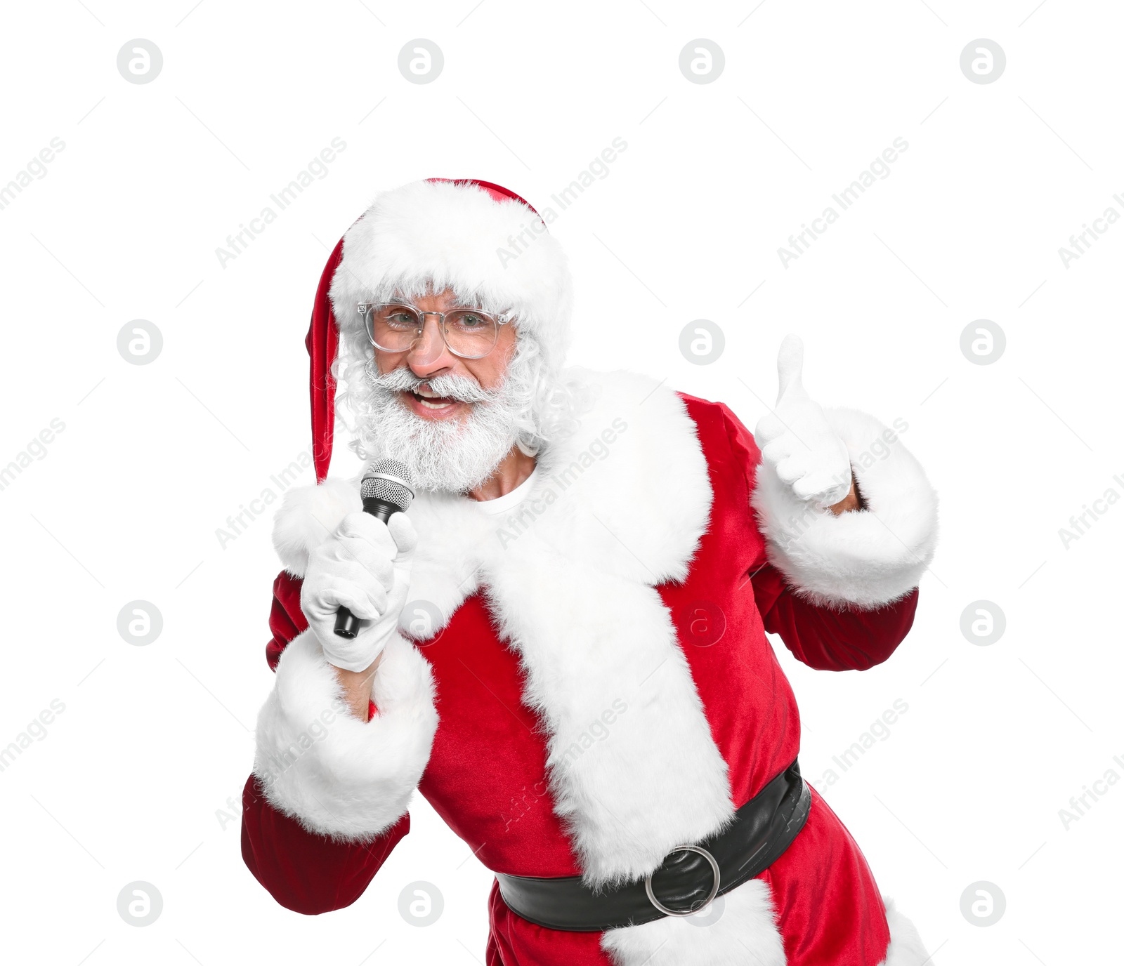 Photo of Santa Claus singing into microphone on white background. Christmas music