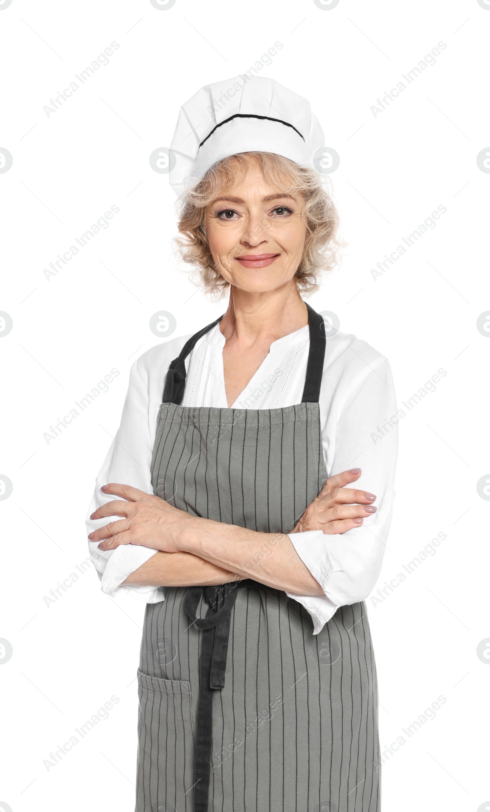 Photo of Professional chef wearing uniform on white background