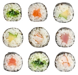 Set of delicious different sushi rolls on white background