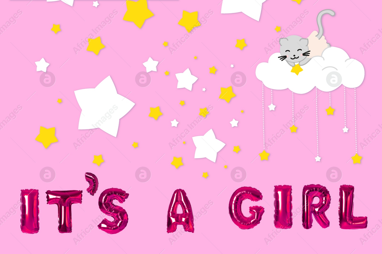 Image of Phrase ITS A GIRL made of foil balloon letters and stars on pink background. Baby shower party