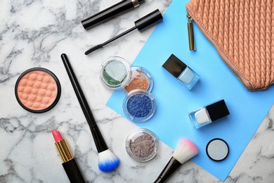 Photo of Flat lay composition with cosmetic products on light background