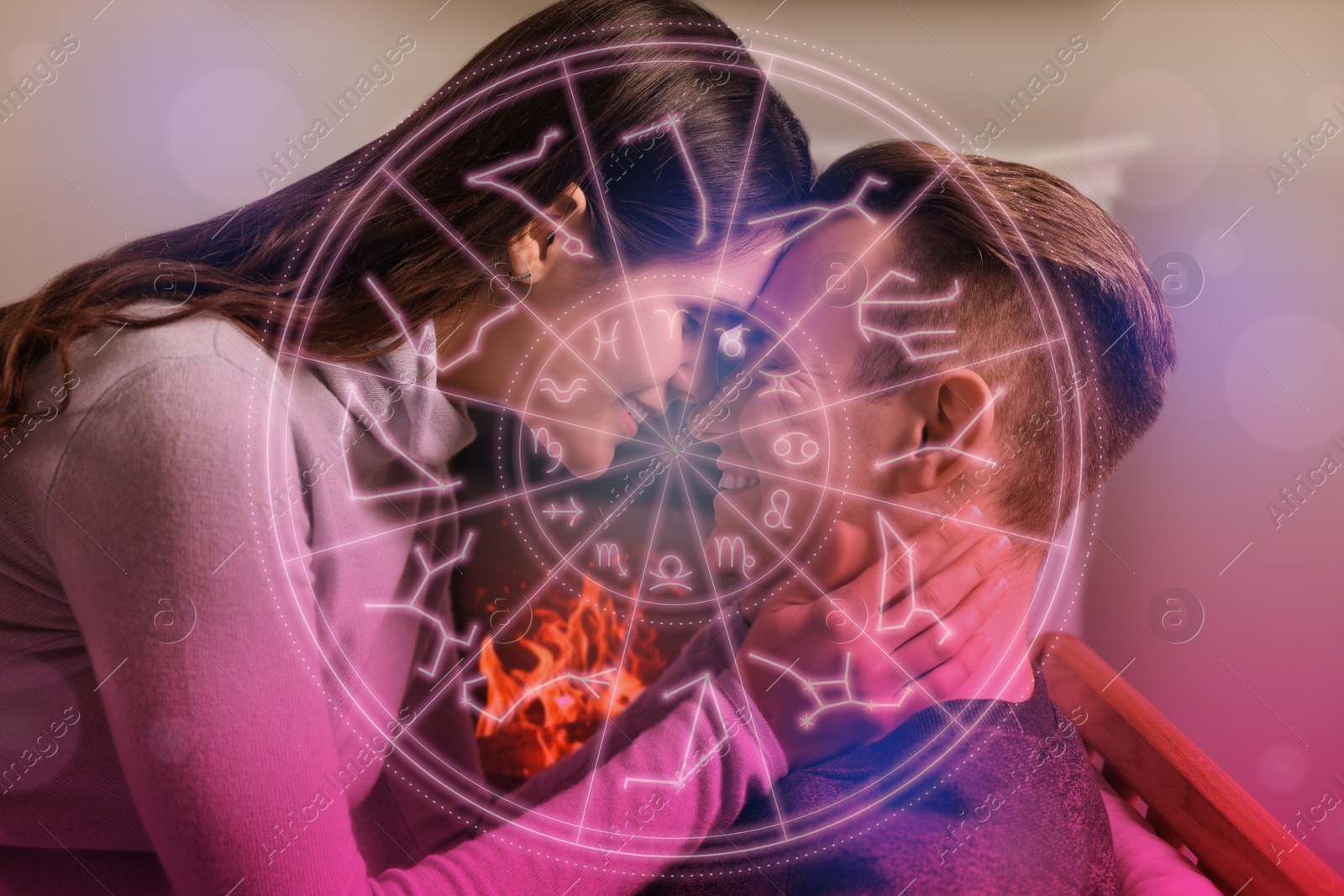 Image of Horoscope compatibility. Loving couple and zodiac wheel