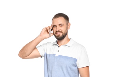 Photo of Man talking on phone against white background