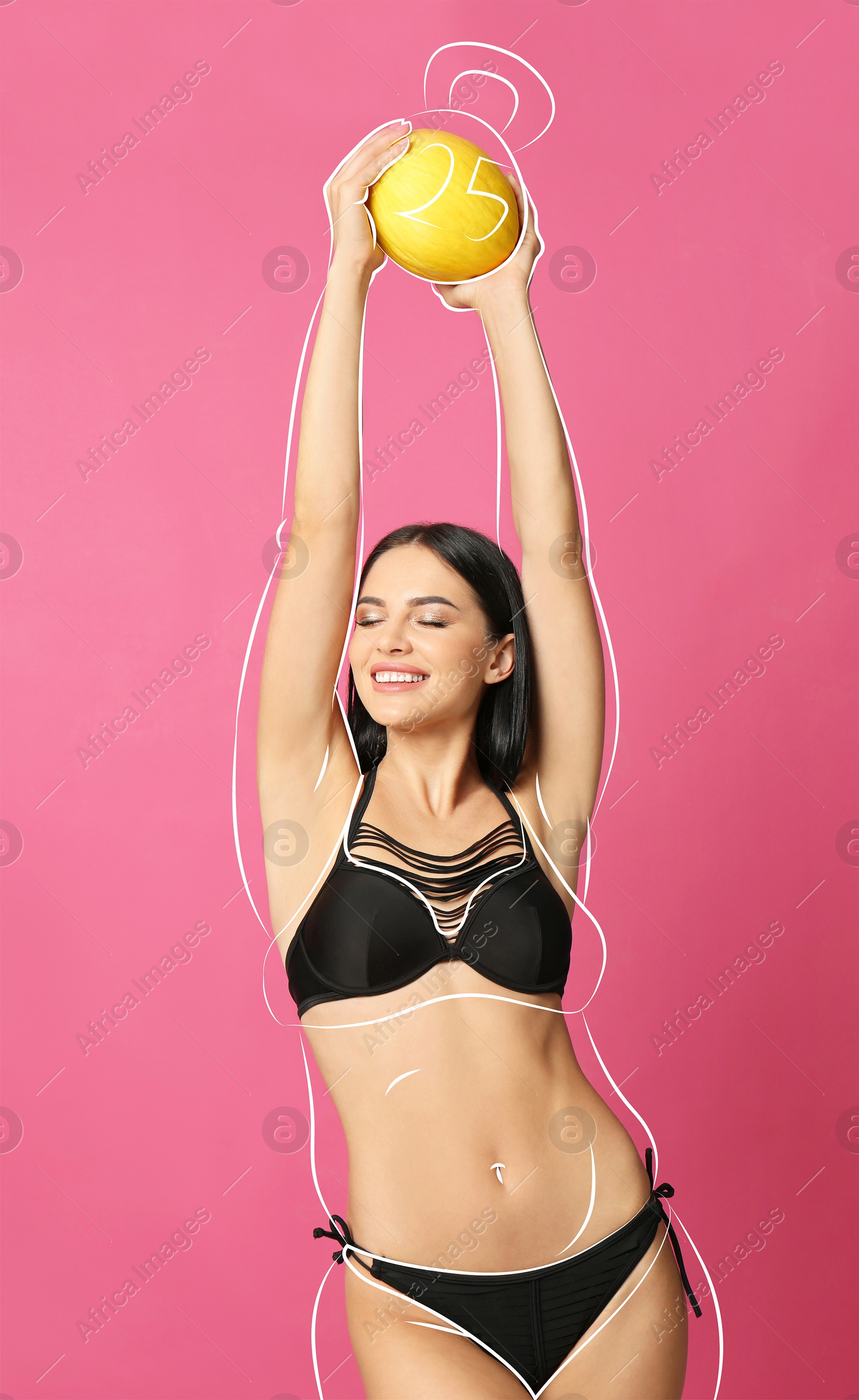 Image of Beautiful slim woman in swimsuit holding melon on pink background. Outline with kettlebell as her overweight figure before workout