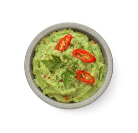 Photo of Bowl of delicious guacamole with parsley isolated on white, top view