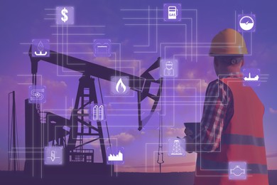 Image of Professional engineer with clipboard, illustration of different icons and gas pumps silhouettes on background