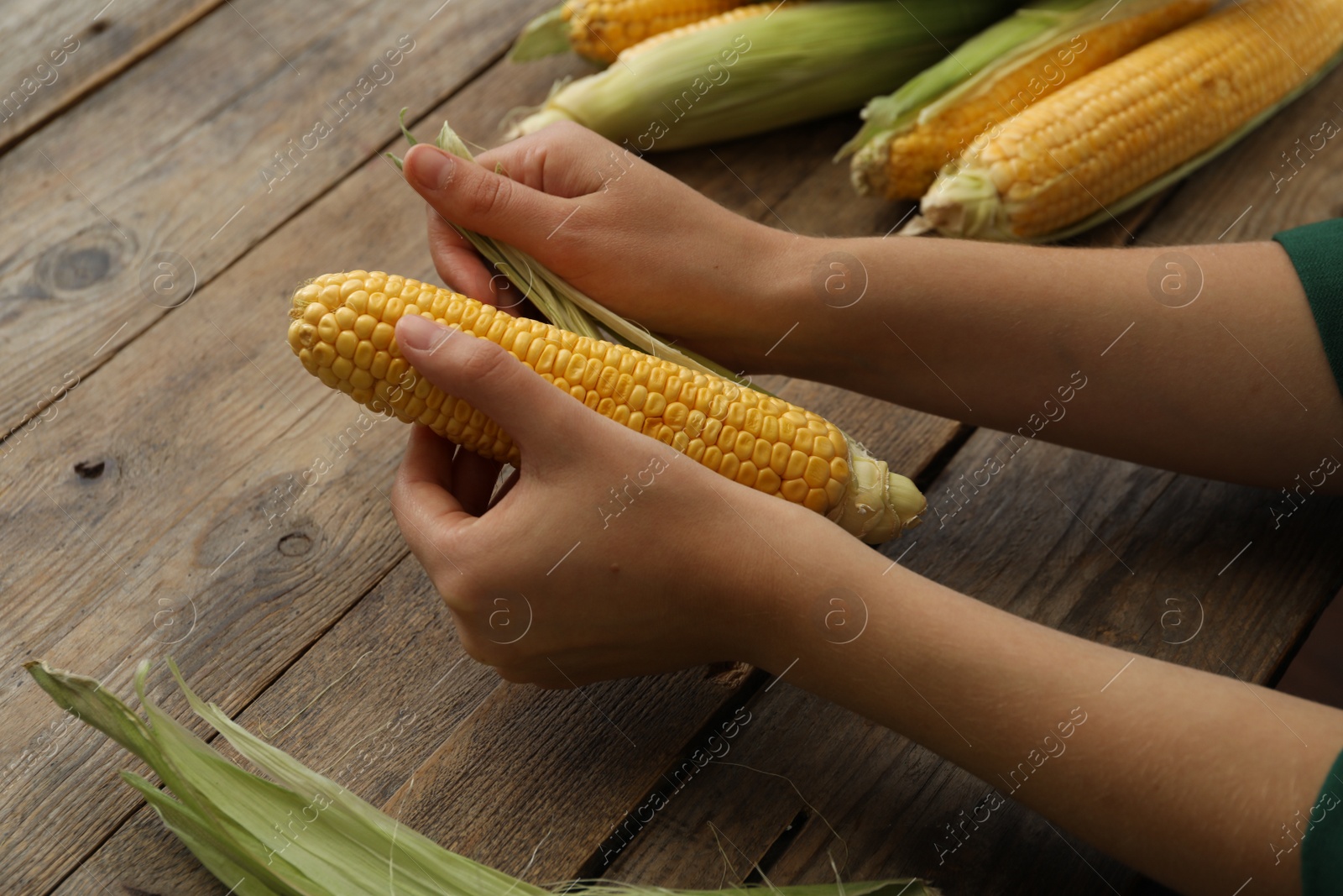 Photo of Woman husking corn cob at wooden table, closeup